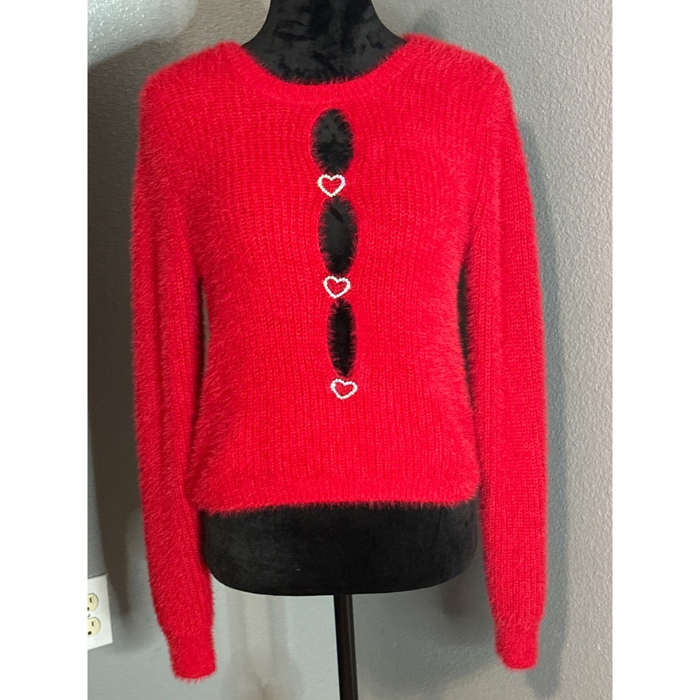 Madden Girl Red Fuzzy Sweater Large Heart Cutout Valentine Y2K Soft Knit